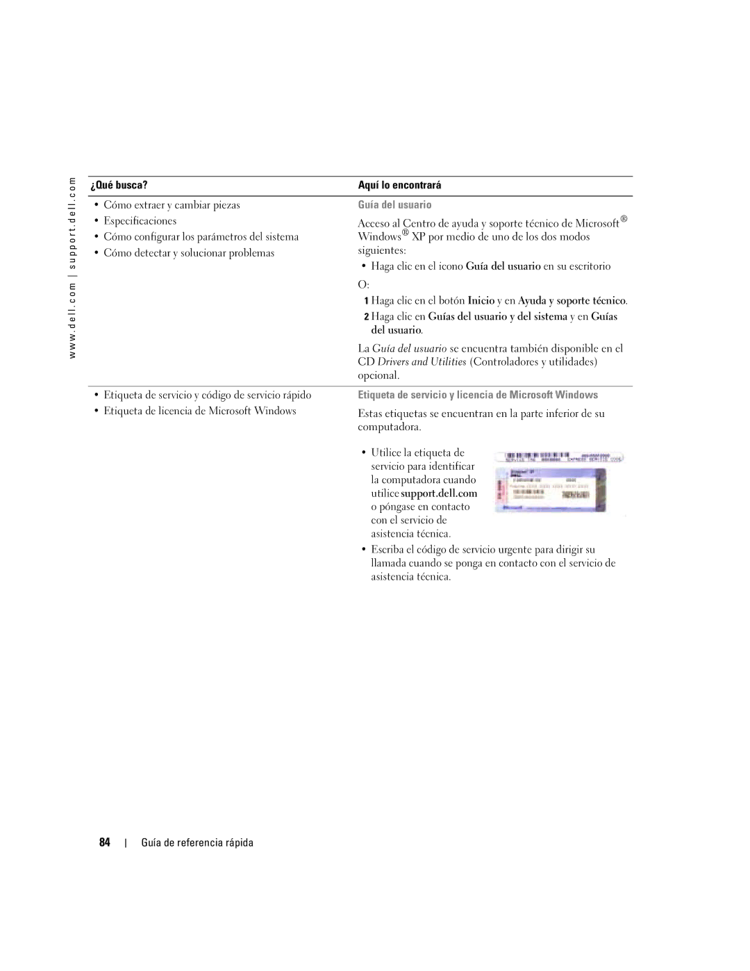 Dell PP17L manual Guía del usuario, Etiqueta de servicio y licencia de Microsoft Windows 
