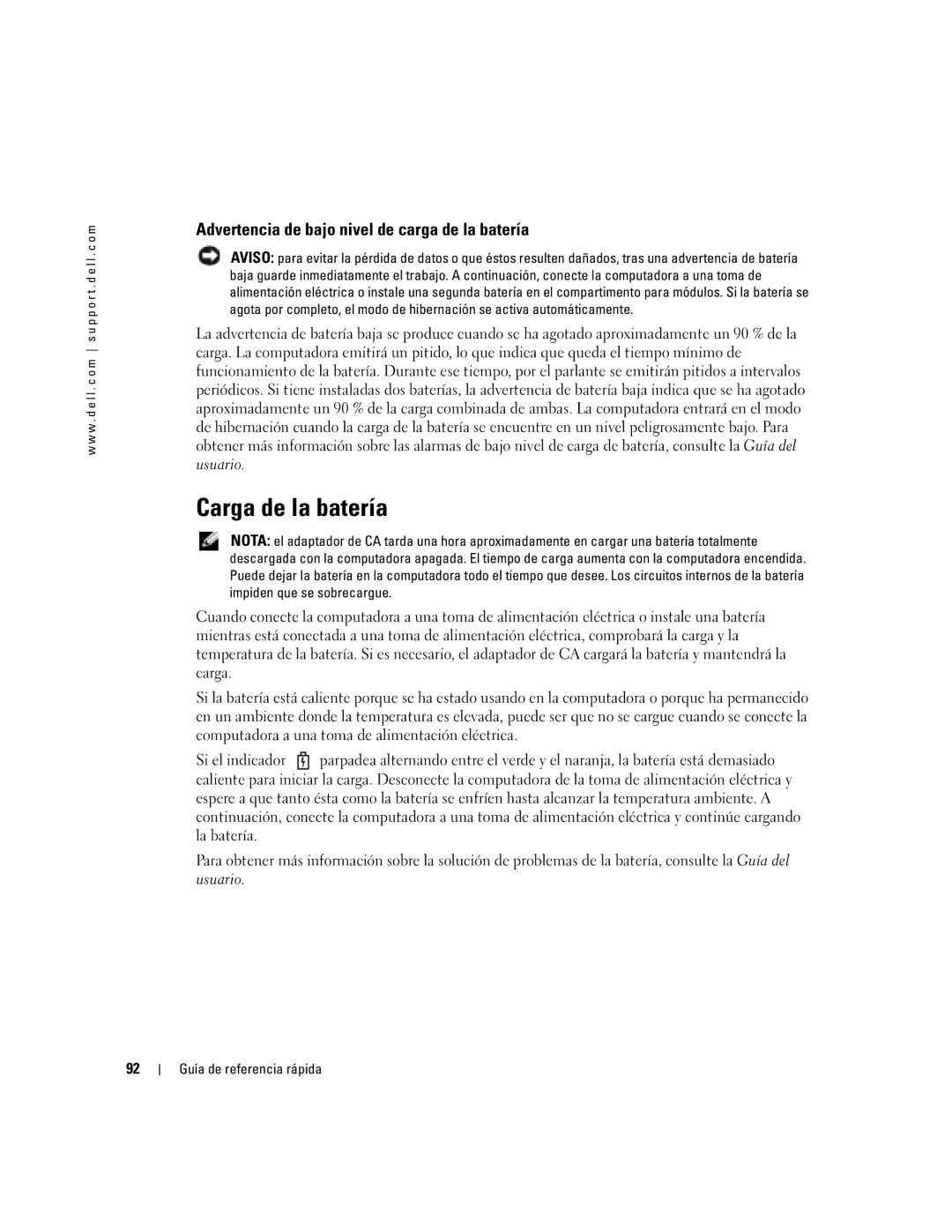 Dell PP17L manual Carga de la batería, Advertencia de bajo nivel de carga de la batería 