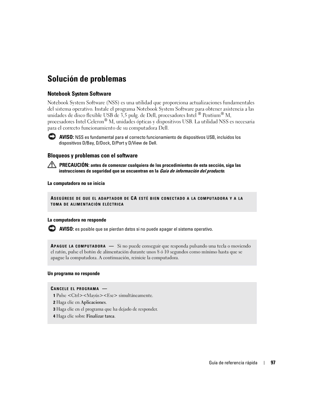 Dell PP17L manual Solución de problemas, Bloqueos y problemas con el software, La computadora no se inicia 