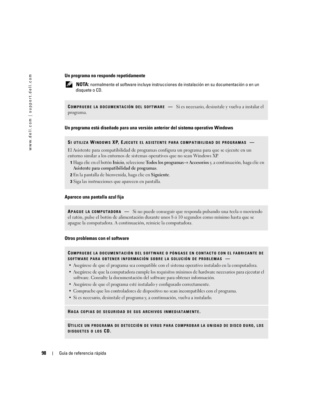 Dell PP17L manual Un programa no responde repetidamente, Aparece una pantalla azul fija, Otros problemas con el software 