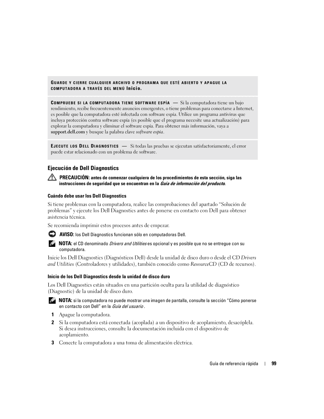 Dell PP17L manual Ejecución de Dell Diagnostics, Cuándo debe usar los Dell Diagnostics 