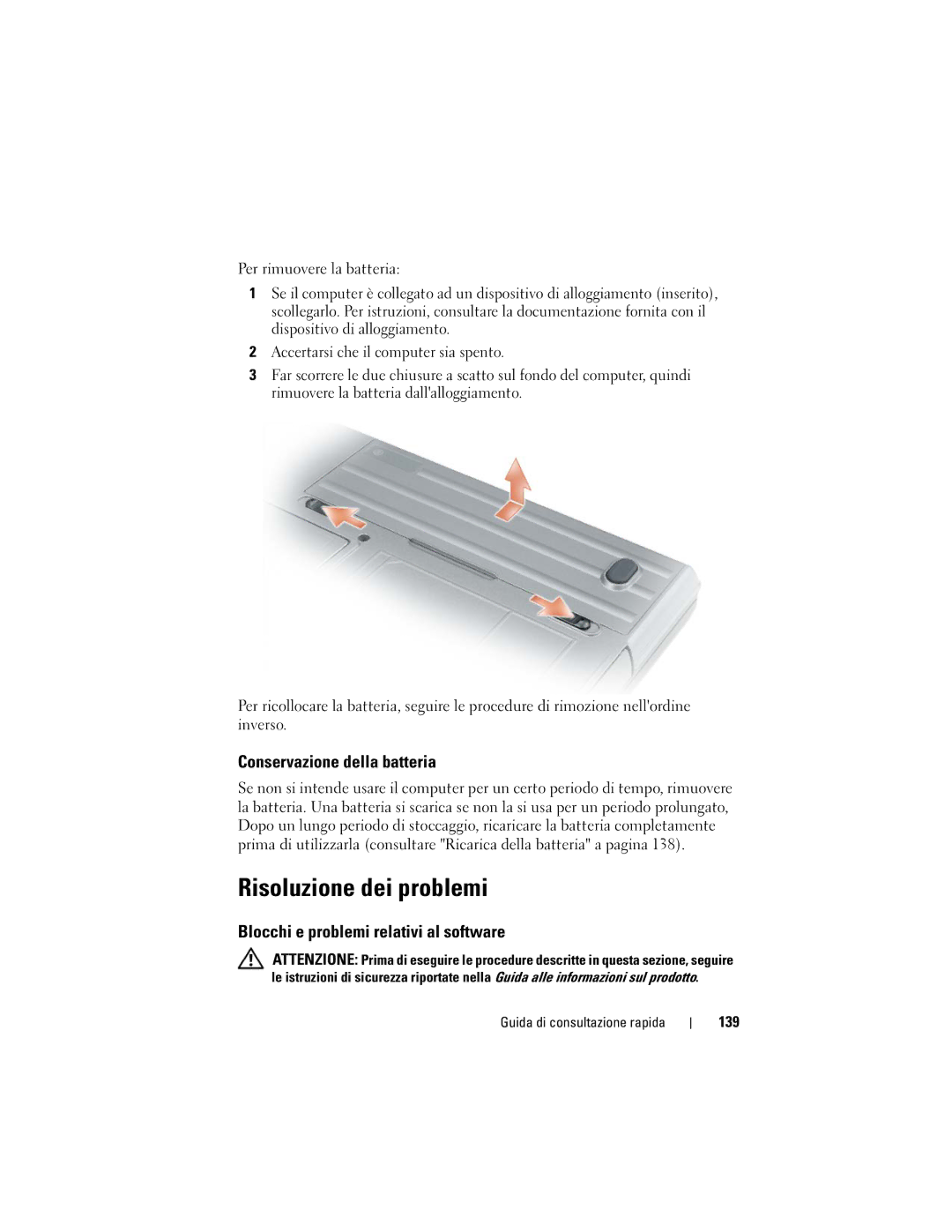 Dell PP18L manual Risoluzione dei problemi, Conservazione della batteria, Blocchi e problemi relativi al software, 139 