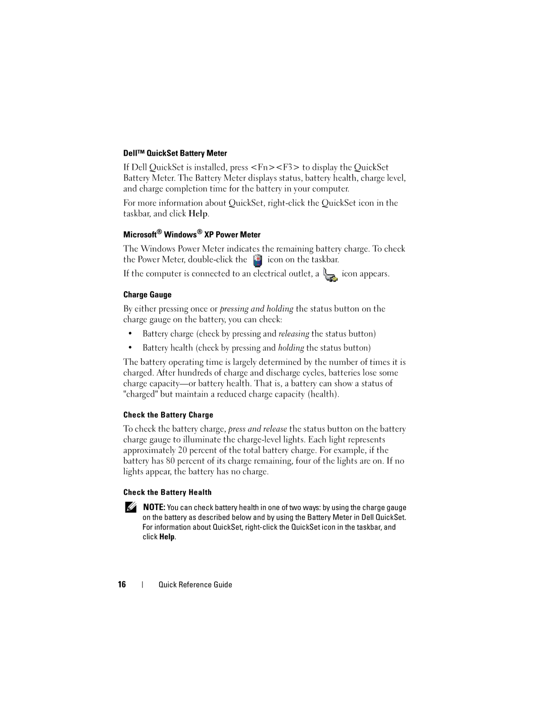 Dell PP18L manual Check the Battery Charge, Check the Battery Health Quick Reference Guide 