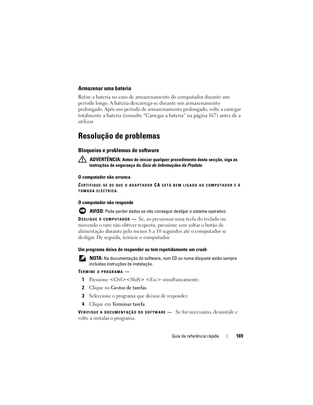 Dell PP18L manual Resolução de problemas, Armazenar uma bateria, Bloqueios e problemas de software 