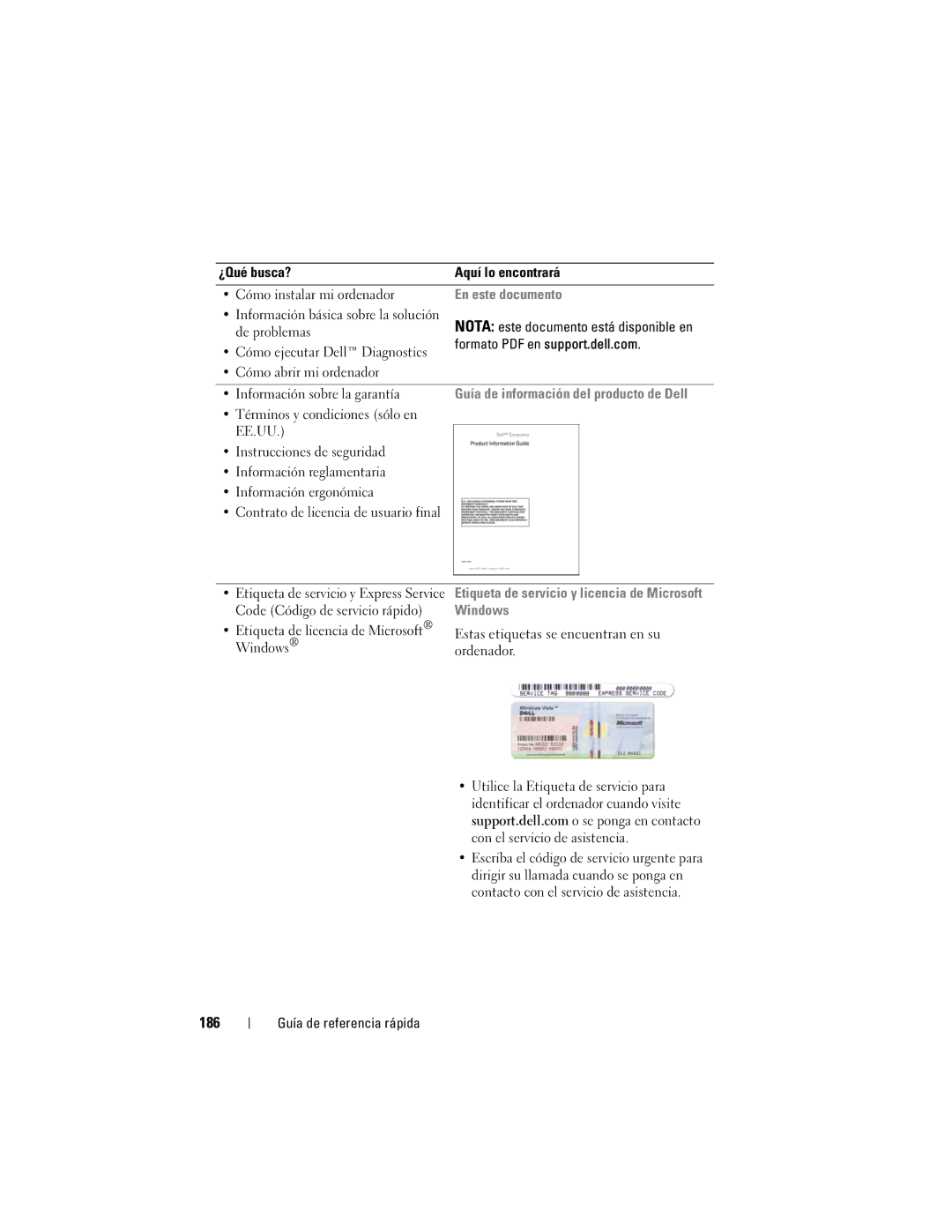 Dell PP18L manual 186, En este documento, Etiqueta de servicio y licencia de Microsoft Windows 