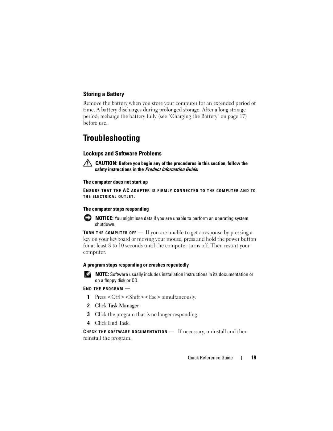 Dell PP18L manual Troubleshooting, Storing a Battery, Lockups and Software Problems, Computer does not start up 