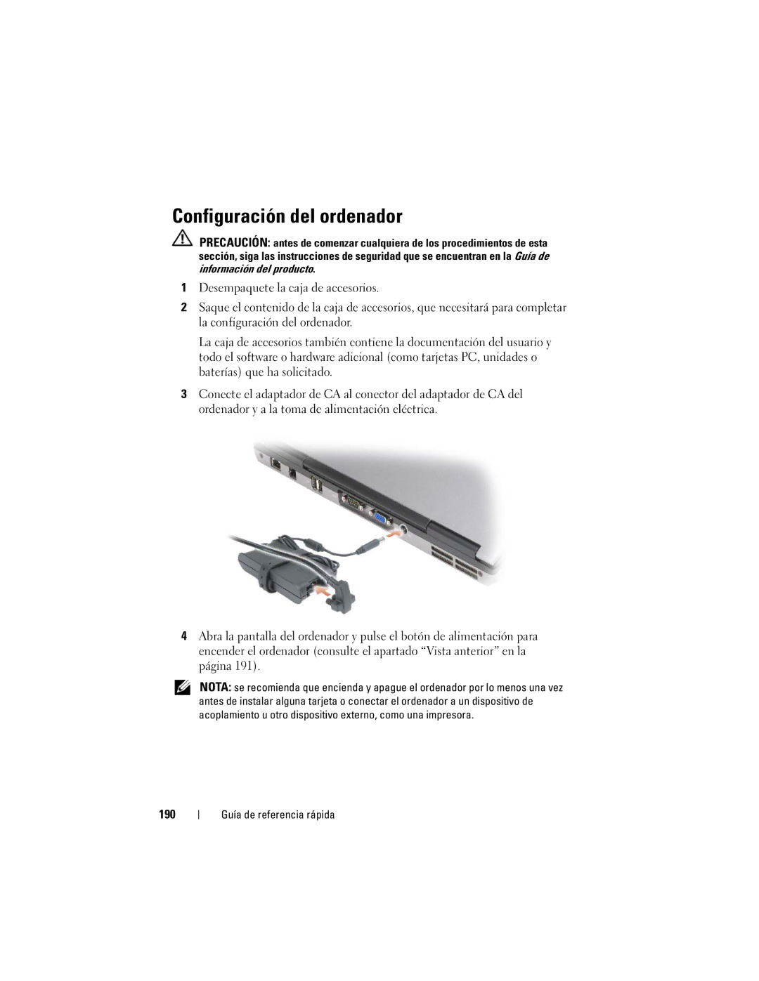 Dell PP18L manual Configuración del ordenador, 190 