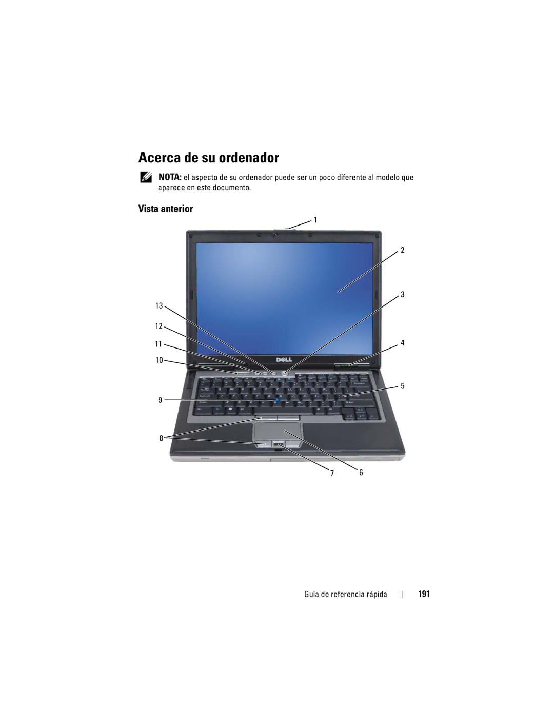 Dell PP18L manual Acerca de su ordenador, Vista anterior, 191, 114 Guía de referencia rápida 