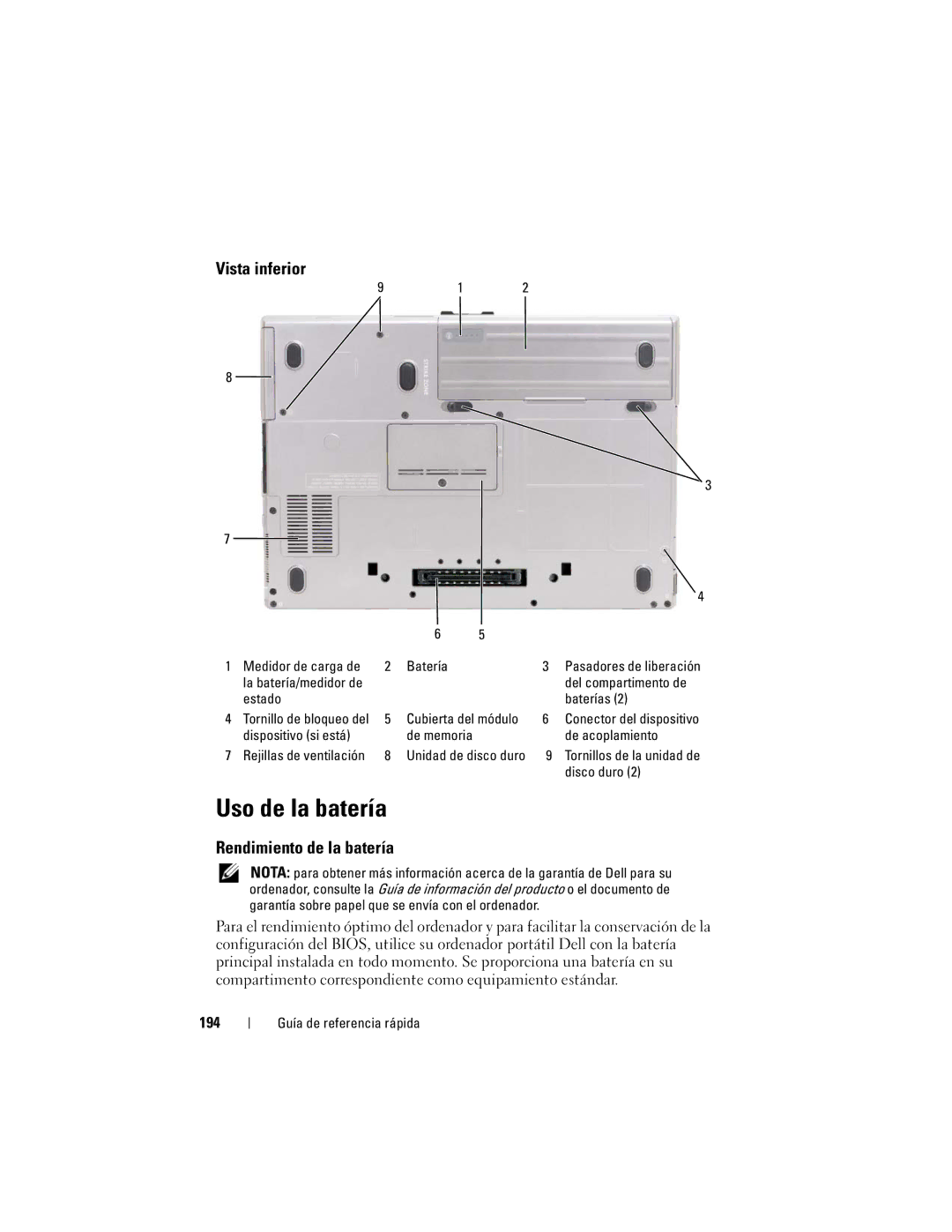 Dell PP18L manual Uso de la batería, Rendimiento de la batería 