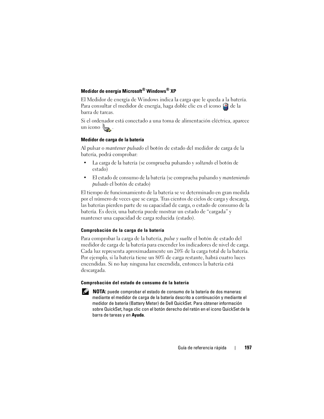 Dell PP18L manual 197, Comprobación del estado de consumo de la batería 