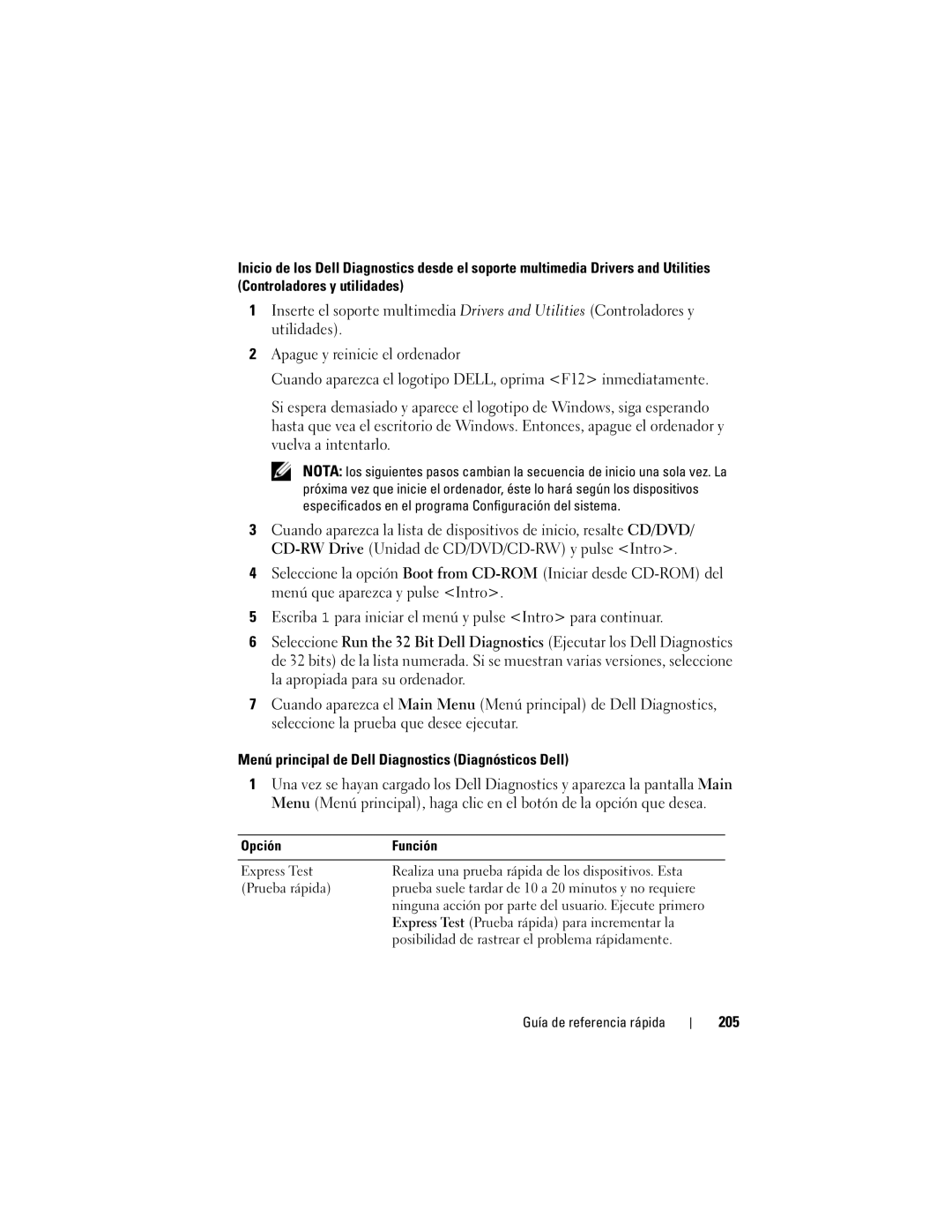 Dell PP18L manual Menú principal de Dell Diagnostics Diagnósticos Dell, 205, Opción Función 