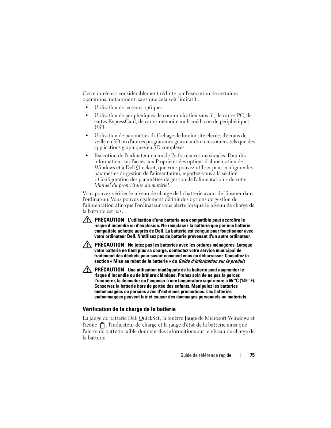 Dell PP18L manual Vérification de la charge de la batterie 