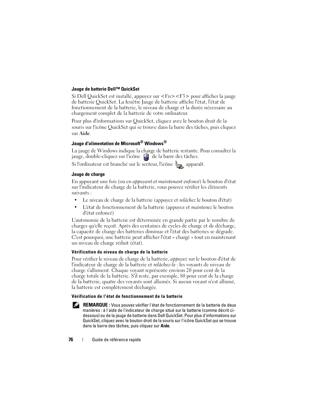 Dell PP18L manual Vérification du niveau de charge de la batterie 