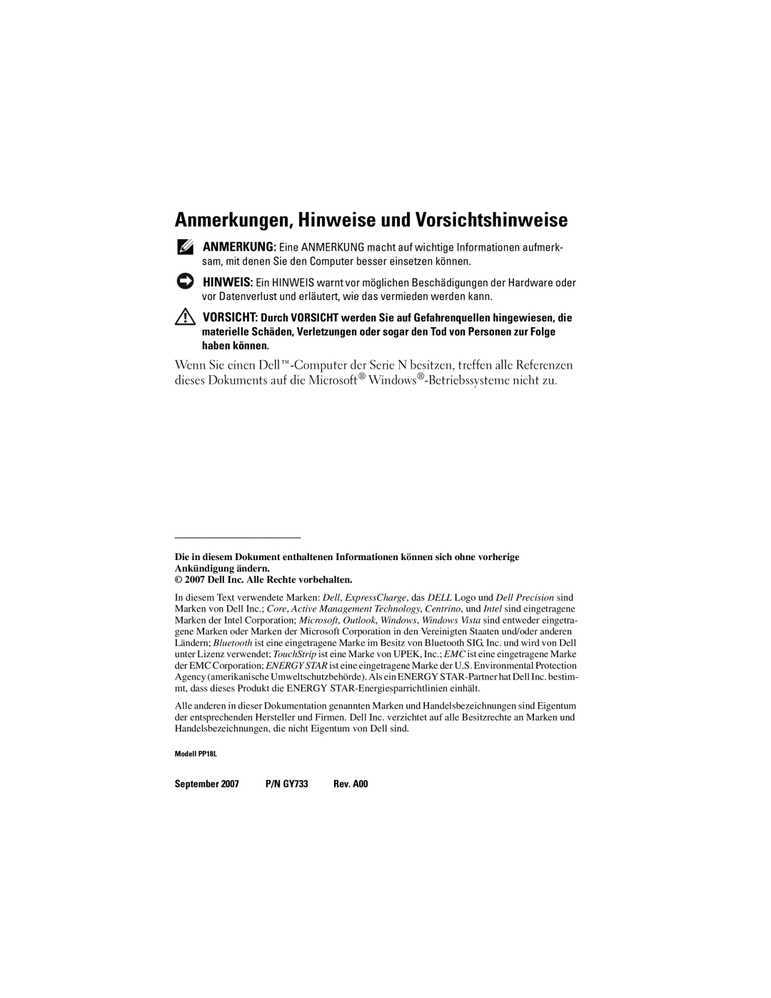 Dell PP18L manual Anmerkungen, Hinweise und Vorsichtshinweise 