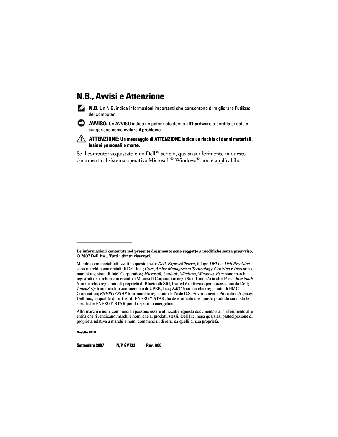 Dell PP18L manual N.B., Avvisi e Attenzione, Settembre, N/P GY733 