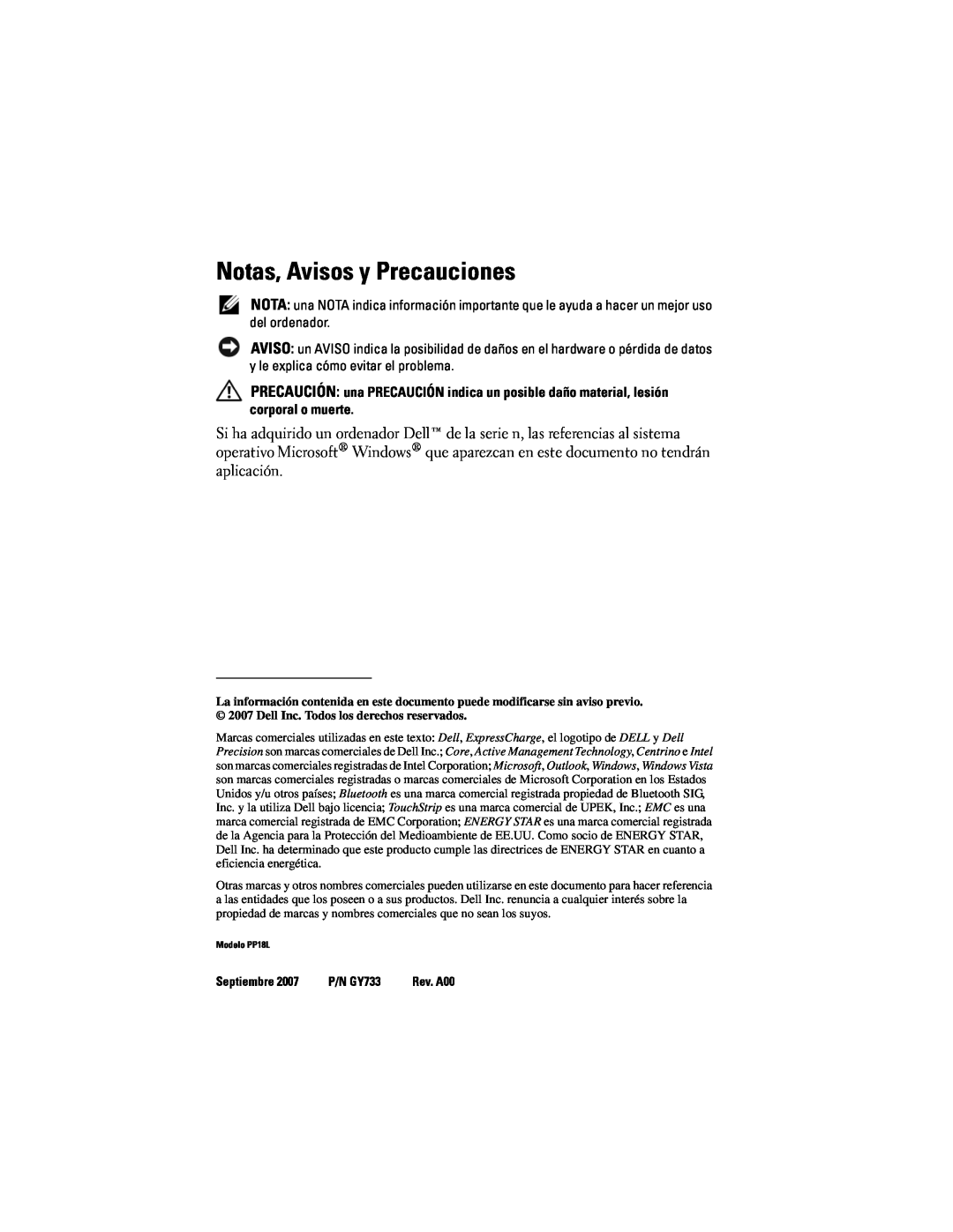 Dell PP18L manual Notas, Avisos y Precauciones 