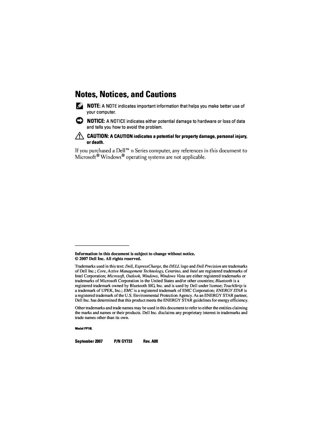 Dell PP18L manual Notes, Notices, and Cautions, September, P/N GY733 