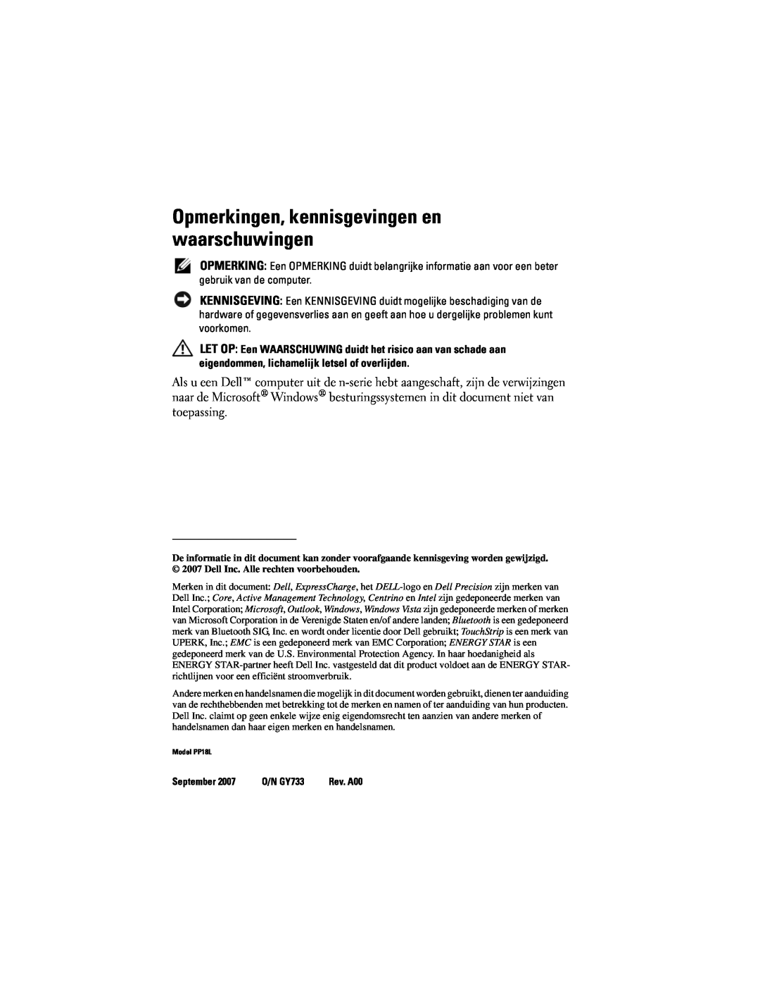 Dell PP18L manual Opmerkingen, kennisgevingen en waarschuwingen 