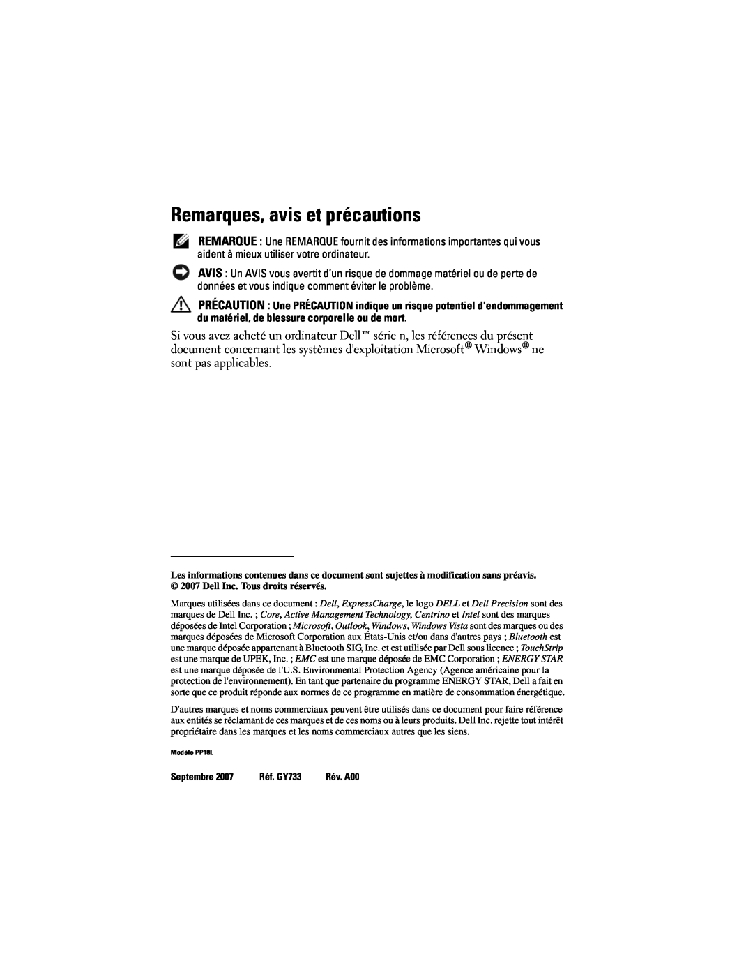 Dell PP18L manual Remarques, avis et précautions, Septembre, Réf. GY733 