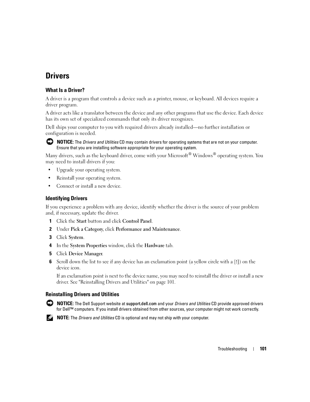 Dell PP19L manual What Is a Driver?, Identifying Drivers, Reinstalling Drivers and Utilities, 101 