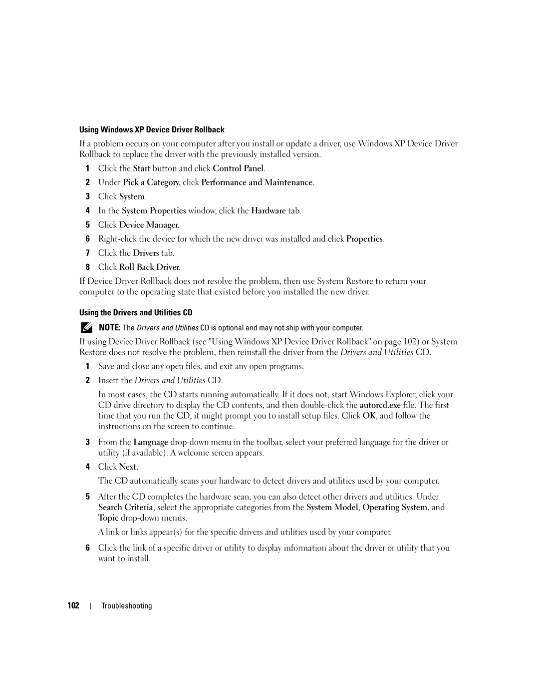 Dell PP19L manual Using Windows XP Device Driver Rollback, Using the Drivers and Utilities CD 