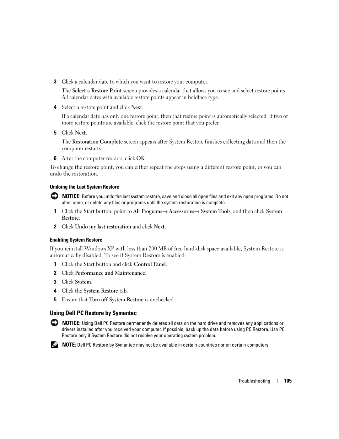 Dell PP19L manual Using Dell PC Restore by Symantec, 105 