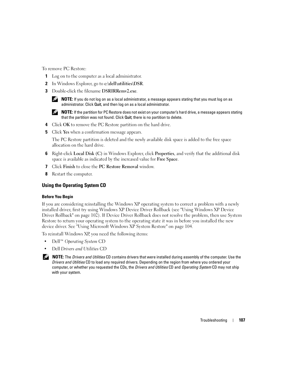 Dell PP19L Using the Operating System CD, Before You Begin, Dell Operating System CD Dell Drivers and Utilities CD, 107 