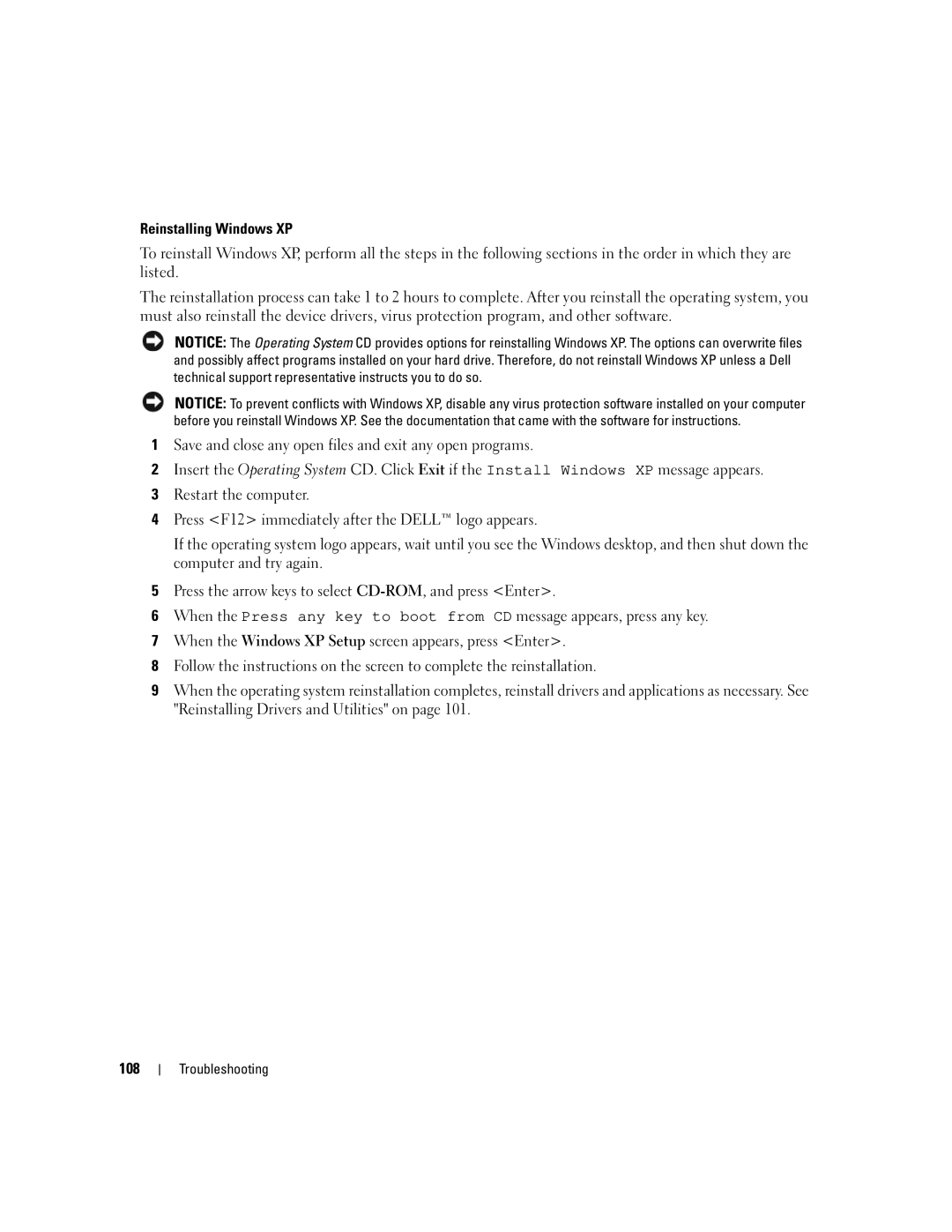 Dell PP19L manual Reinstalling Windows XP 