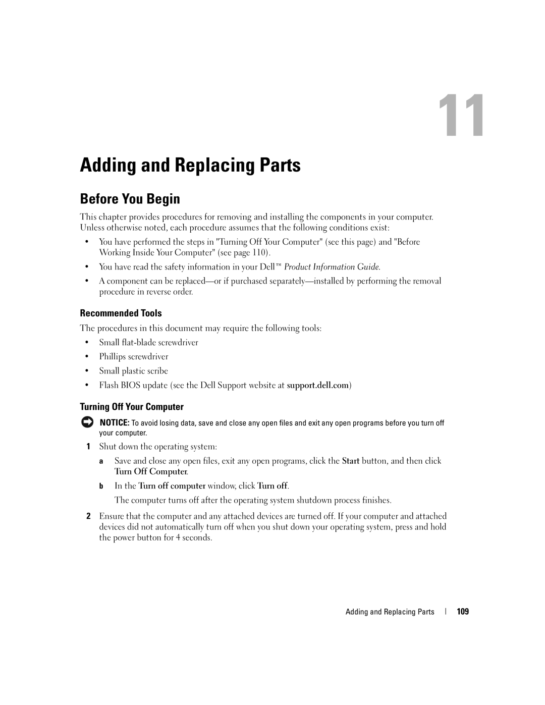 Dell PP19L manual Adding and Replacing Parts, Before You Begin, Recommended Tools, Turning Off Your Computer, 109 