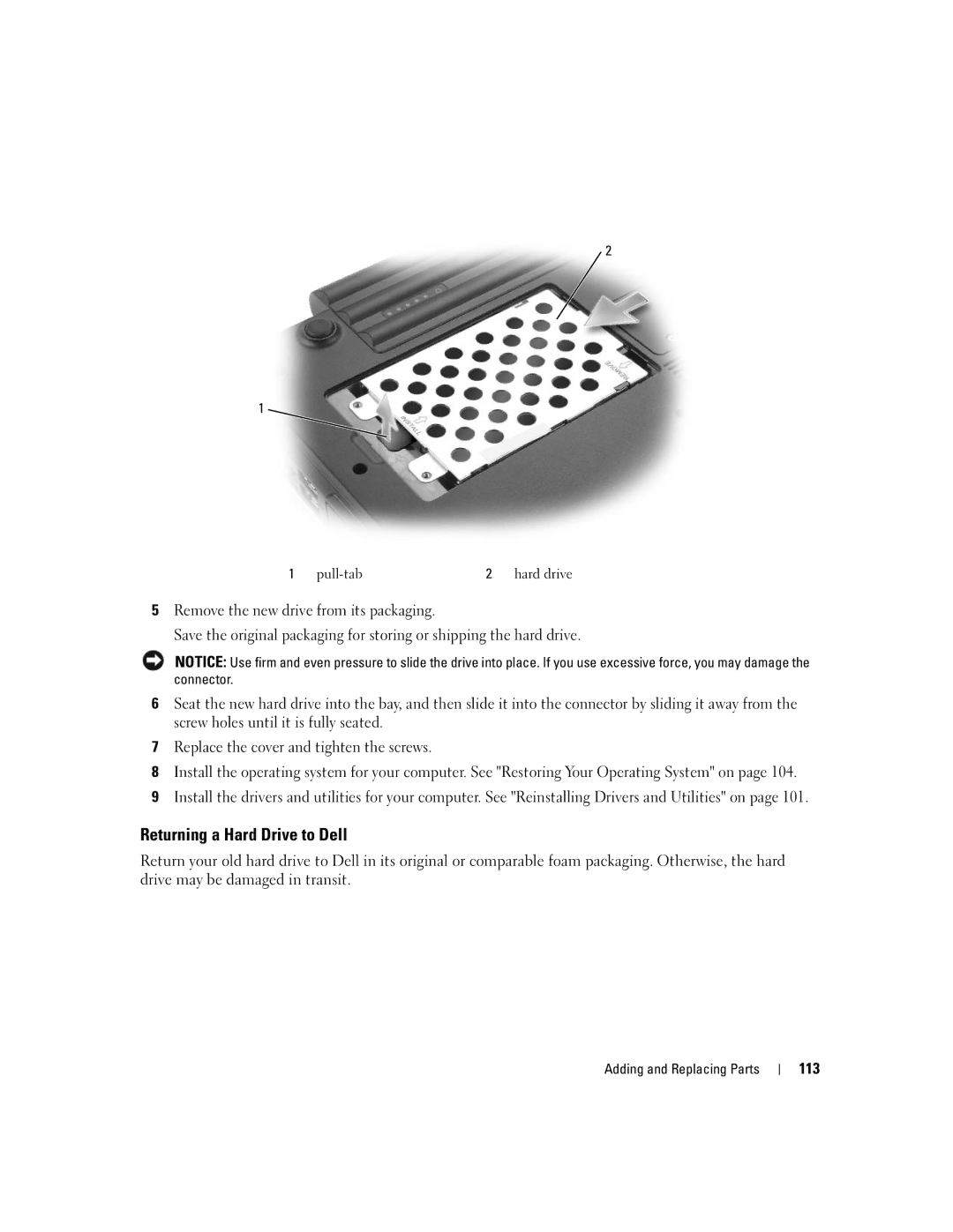 Dell PP19L manual Returning a Hard Drive to Dell, 113, Pull-tab 