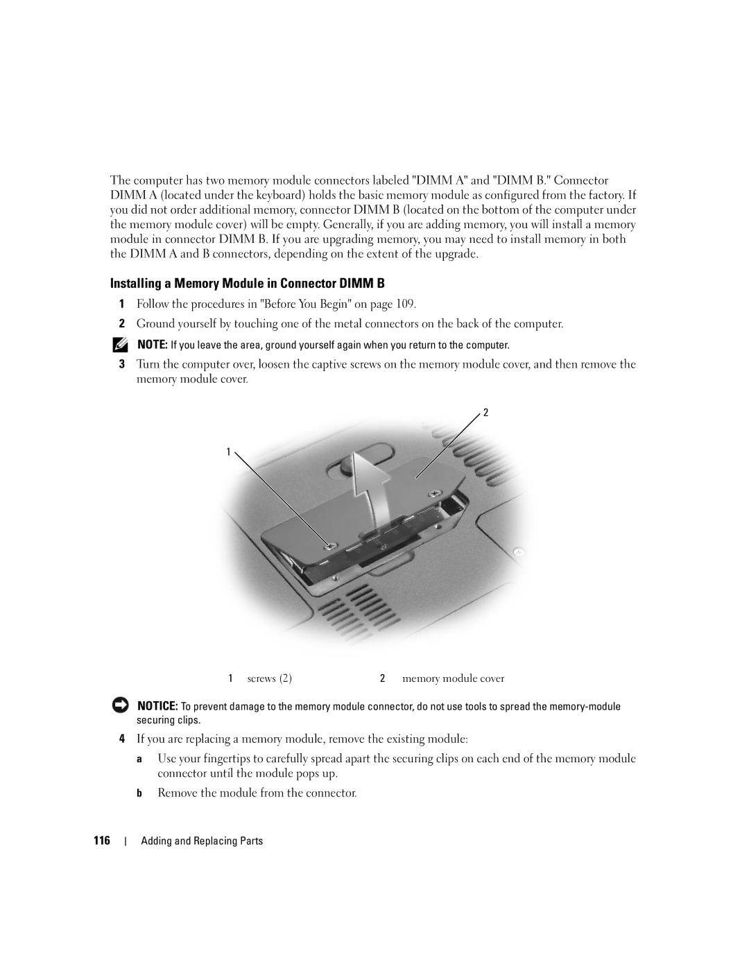 Dell PP19L manual Installing a Memory Module in Connector Dimm B, Screws Memory module cover 