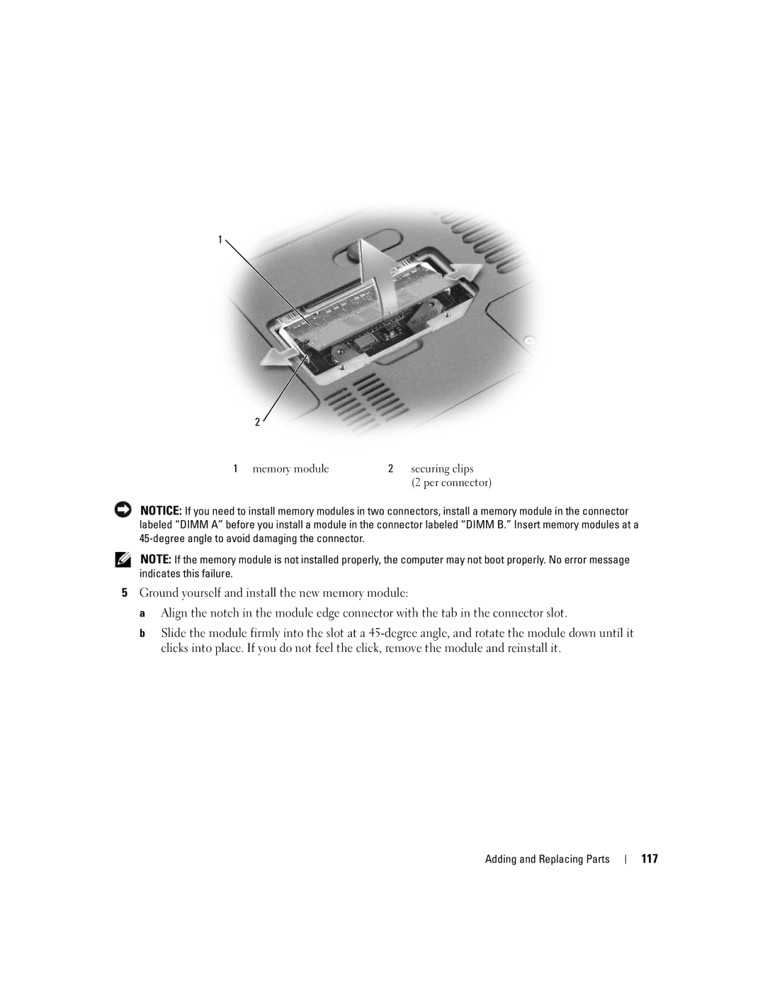 Dell PP19L manual 117, Memory module Securing clips 