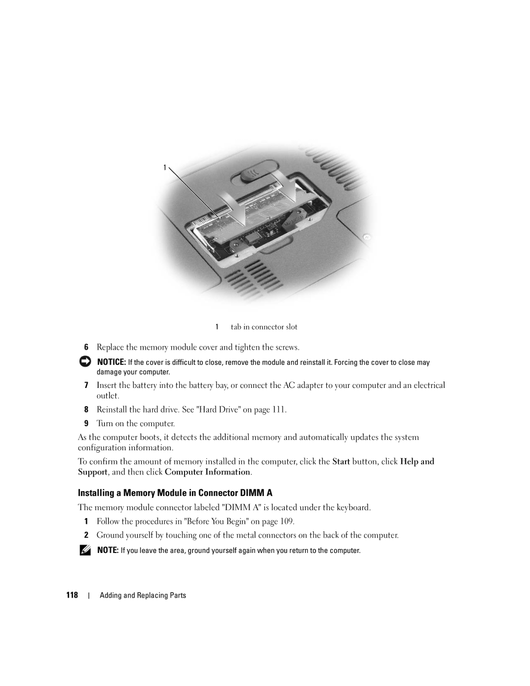 Dell PP19L manual Installing a Memory Module in Connector Dimm a, Tab in connector slot 