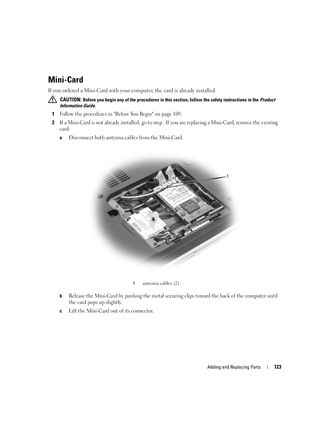 Dell PP19L manual Mini-Card, 123, Antenna cables 