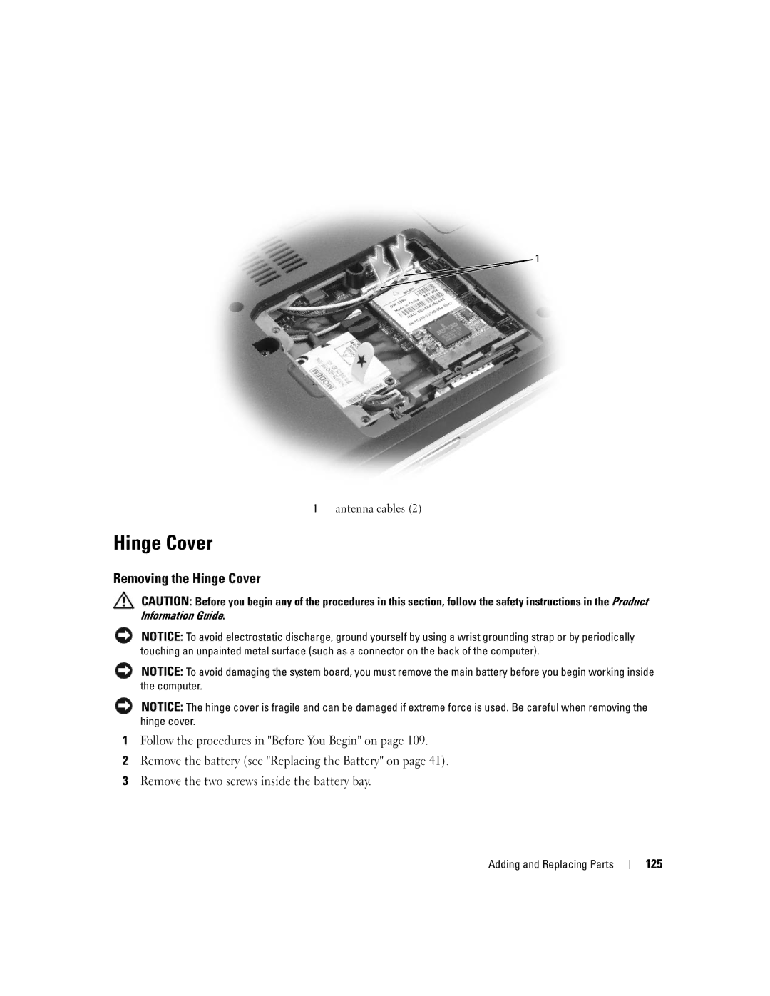 Dell PP19L manual Removing the Hinge Cover, 125 