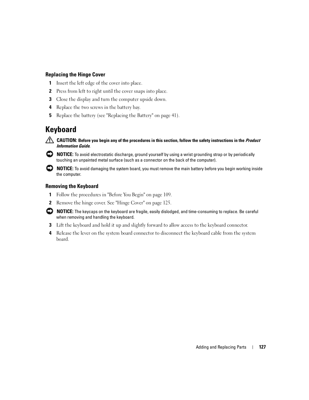 Dell PP19L manual Replacing the Hinge Cover, Removing the Keyboard, 127 