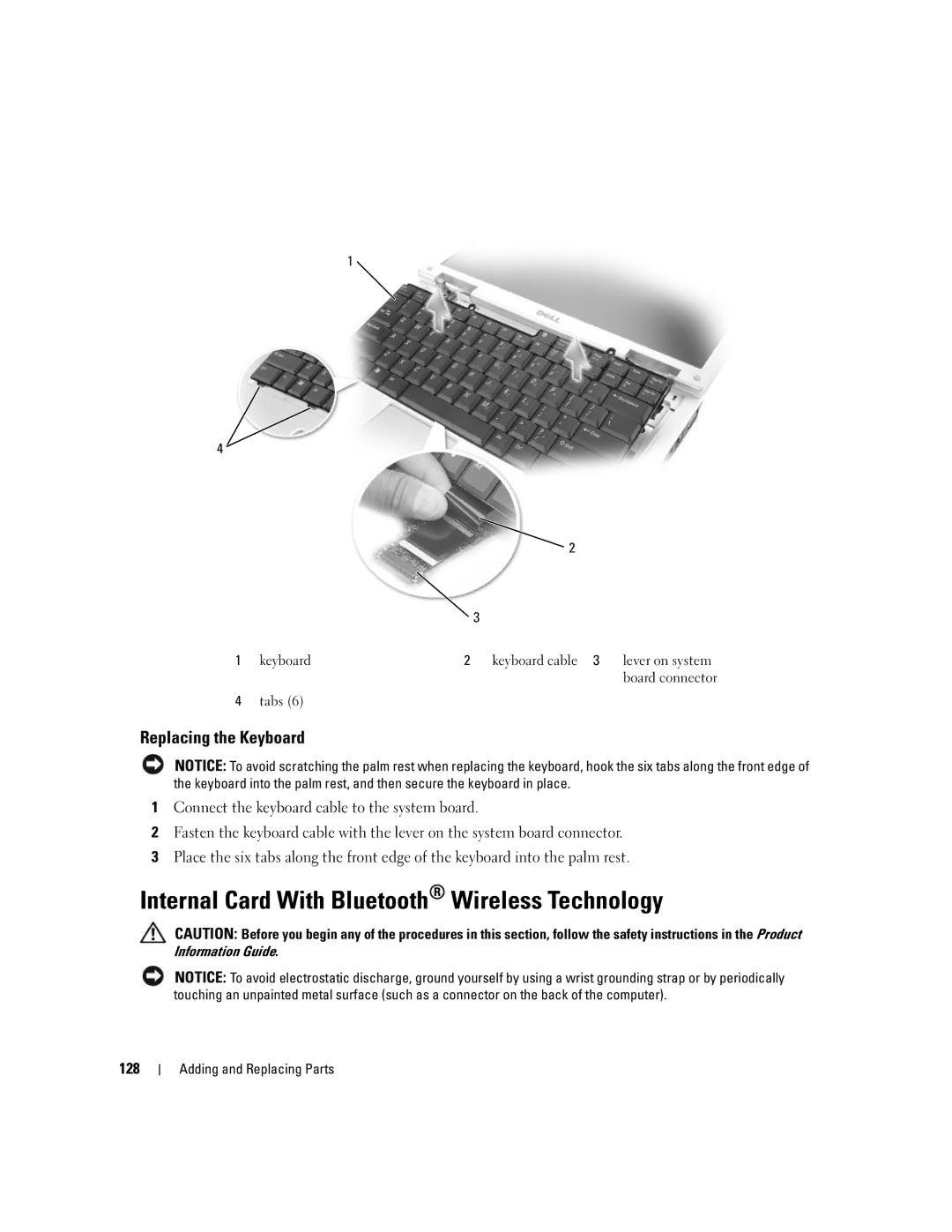 Dell PP19L Internal Card With Bluetooth Wireless Technology, Replacing the Keyboard, 128, Keyboard Keyboard cable, Tabs 