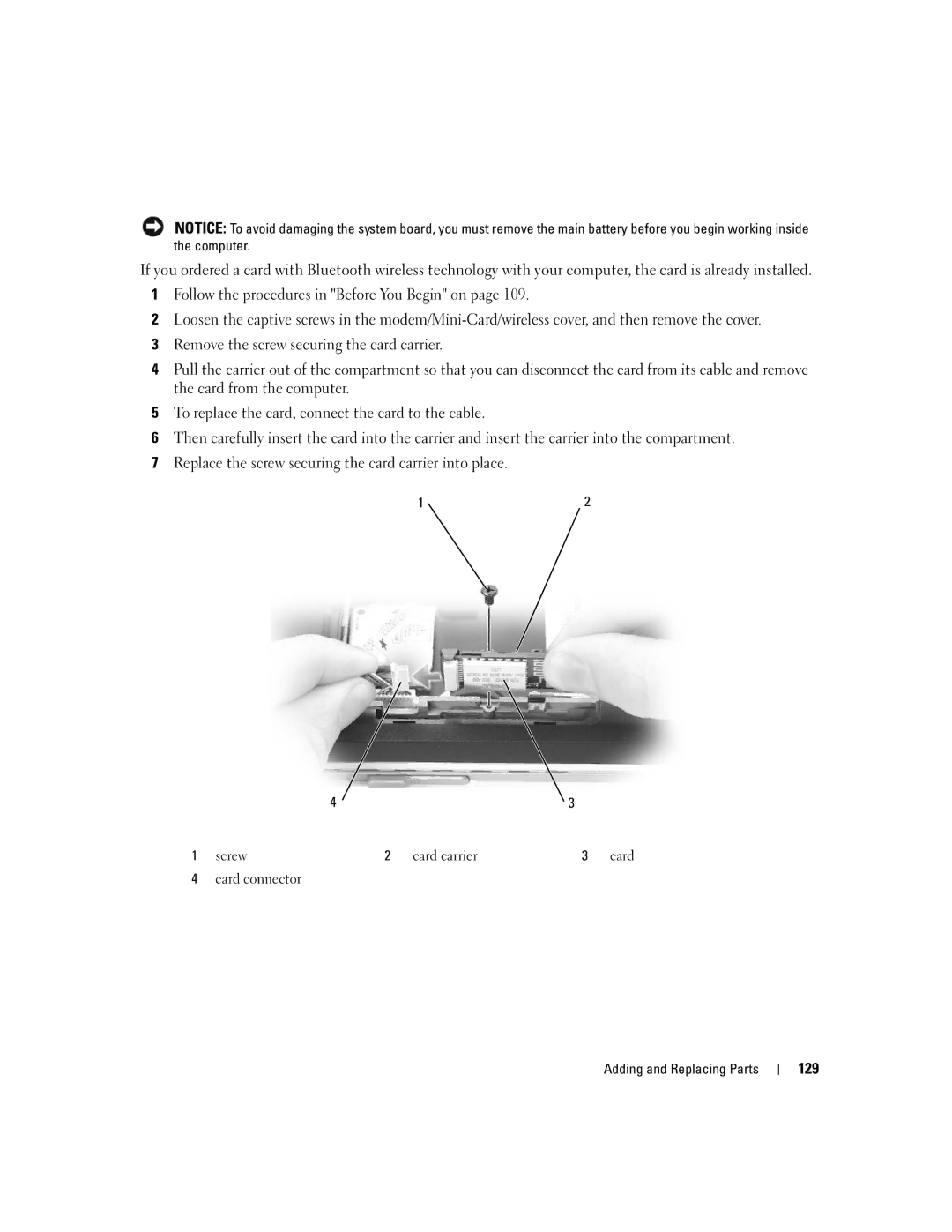 Dell PP19L manual 129, Screw Card carrier, Card connector Adding and Replacing Parts 