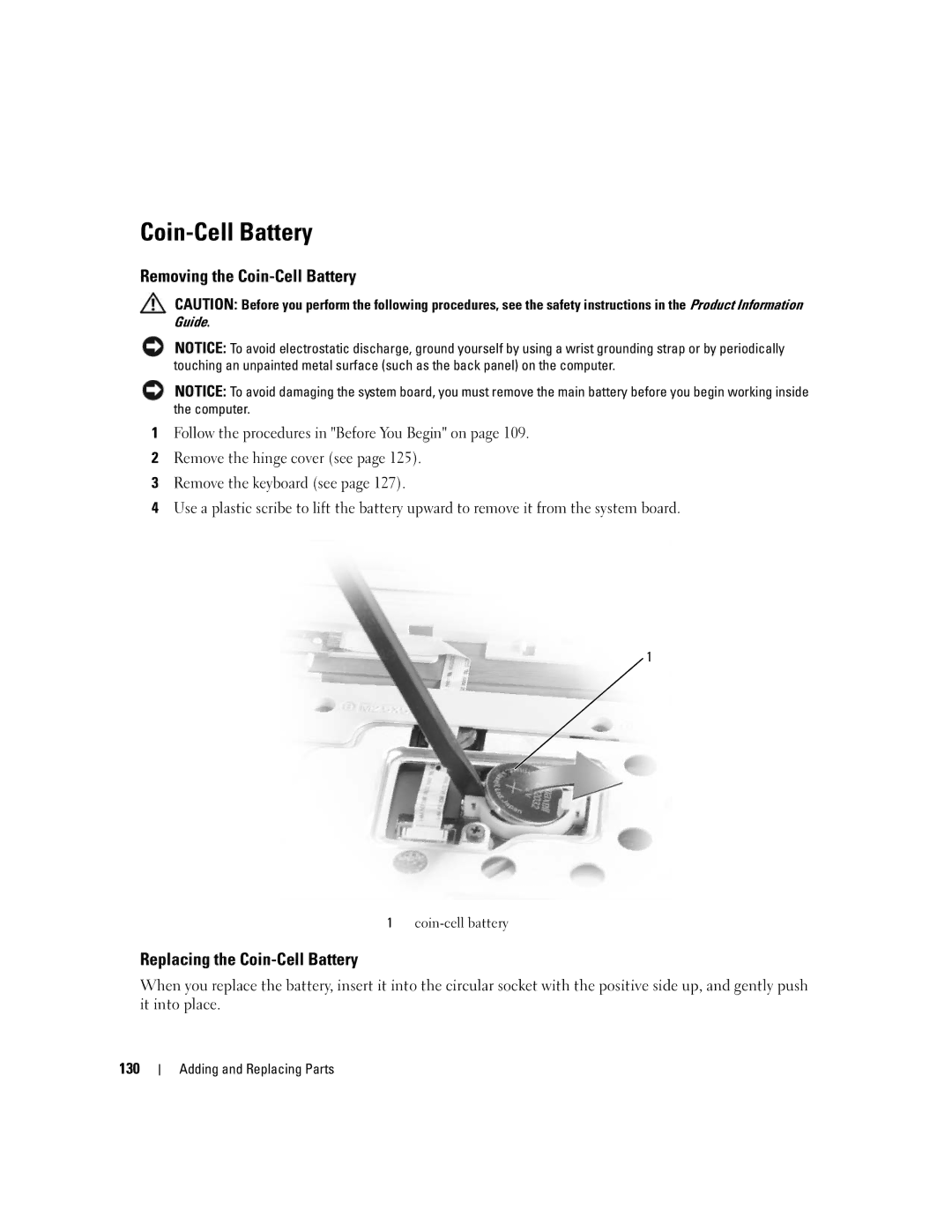 Dell PP19L manual Removing the Coin-Cell Battery, Replacing the Coin-Cell Battery, 130, Coin-cell battery 