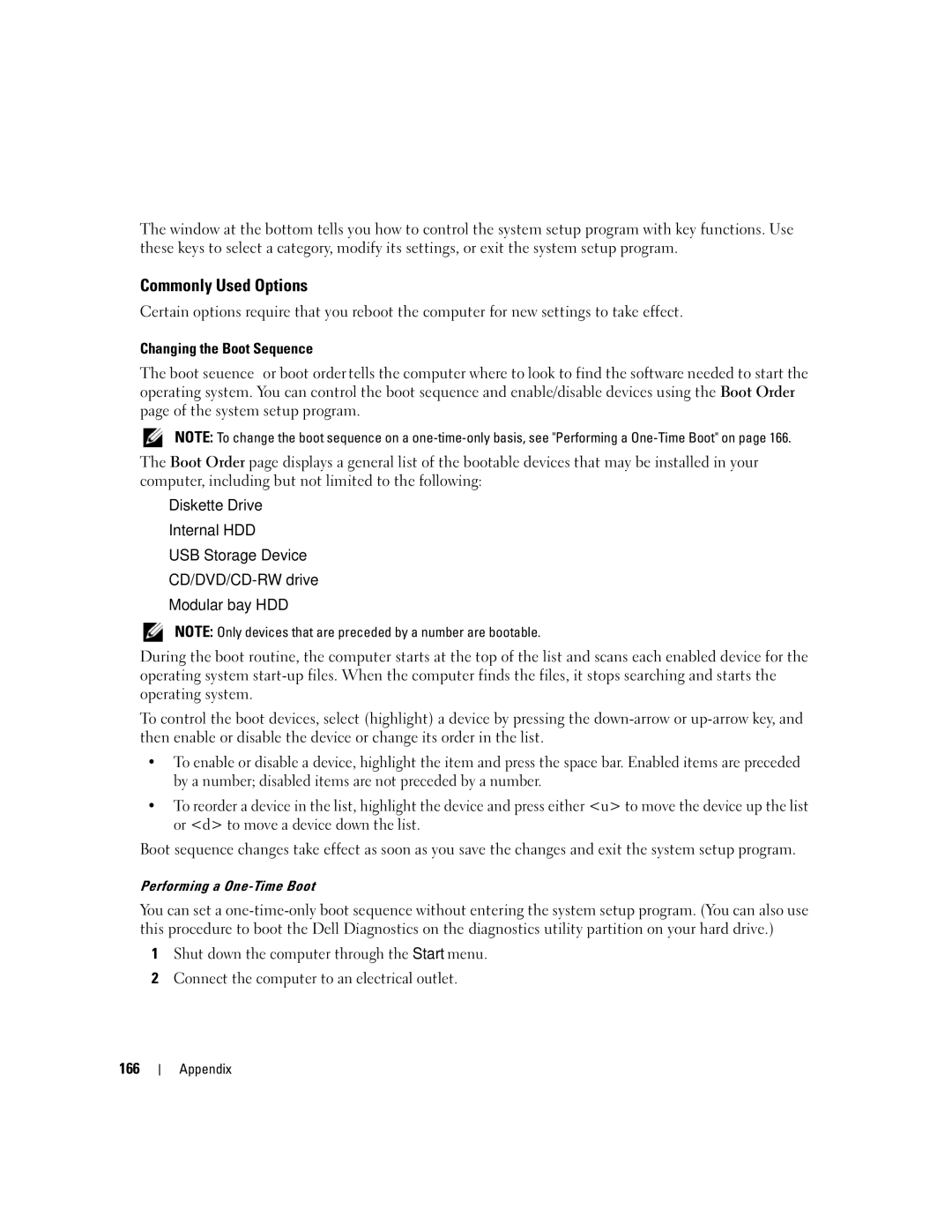 Dell PP19L manual Commonly Used Options, Changing the Boot Sequence, Performing a One-Time Boot 