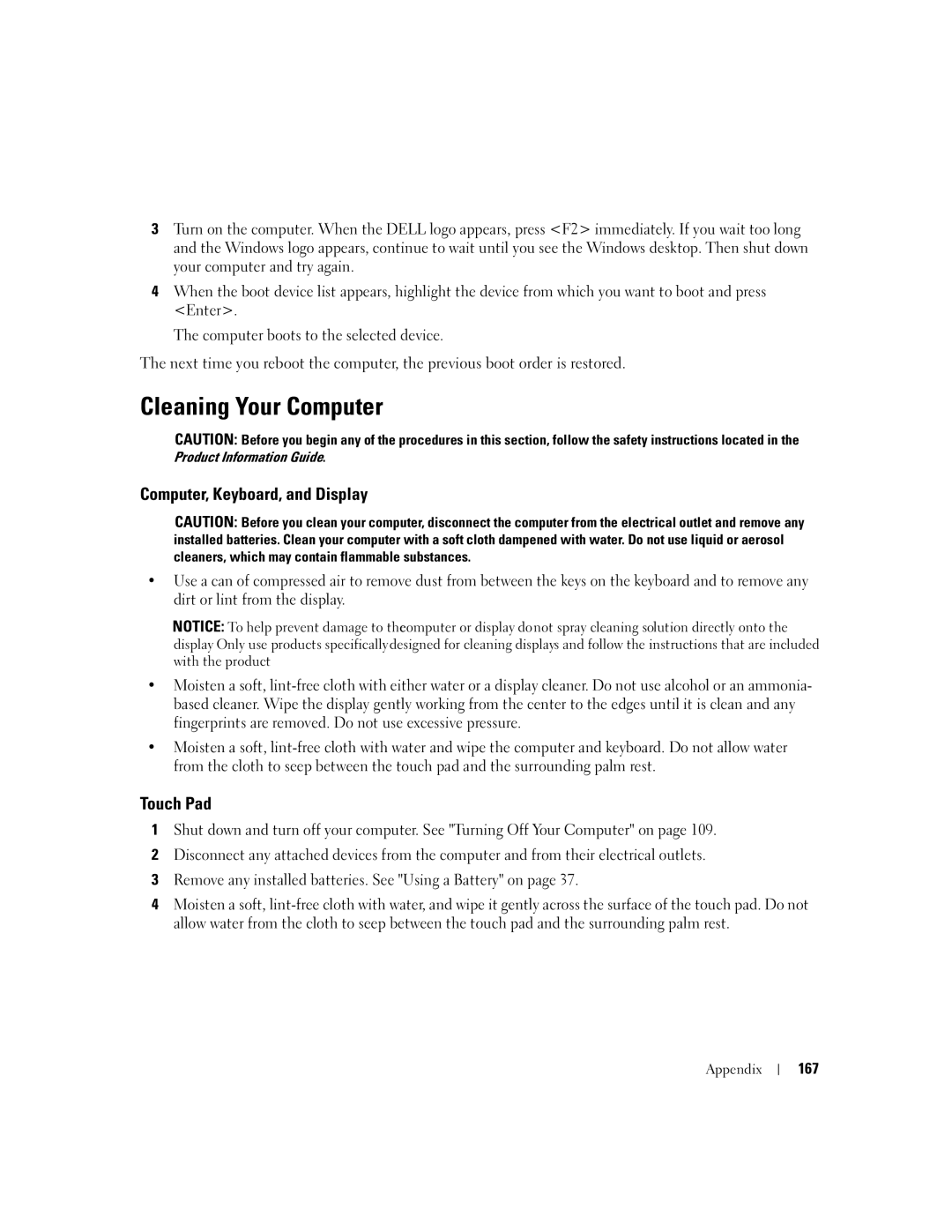 Dell PP19L manual Cleaning Your Computer, Computer, Keyboard, and Display, Touch Pad, 167 