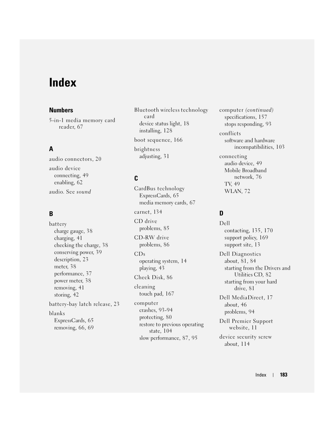 Dell PP19L manual Index, 183 