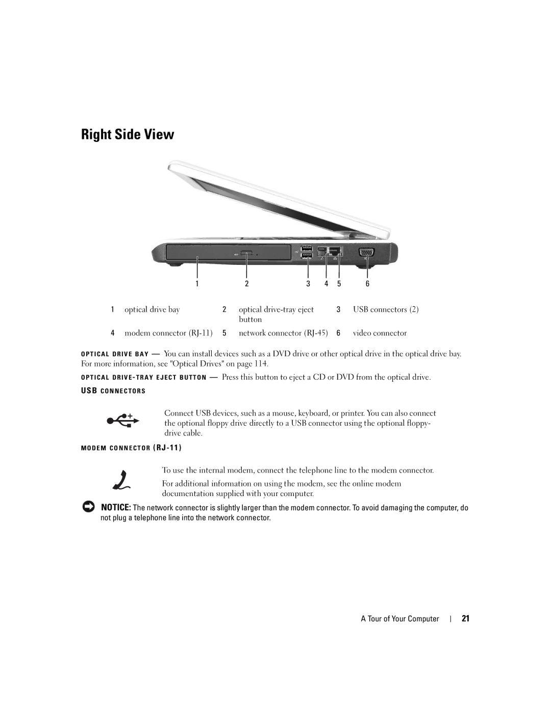 Dell PP19L manual Right Side View, Optical drive bay Optical drive-tray eject, Button, Video connector 