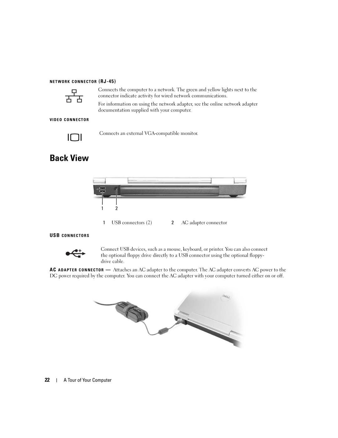 Dell PP19L manual Back View, Connects an external VGA-compatible monitor, USB connectors AC adapter connector 