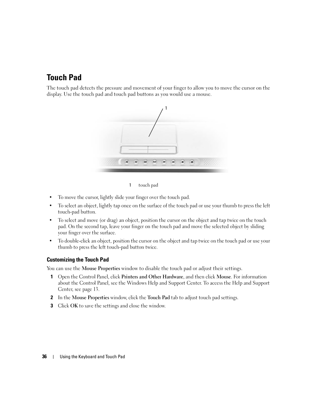 Dell PP19L manual Customizing the Touch Pad 