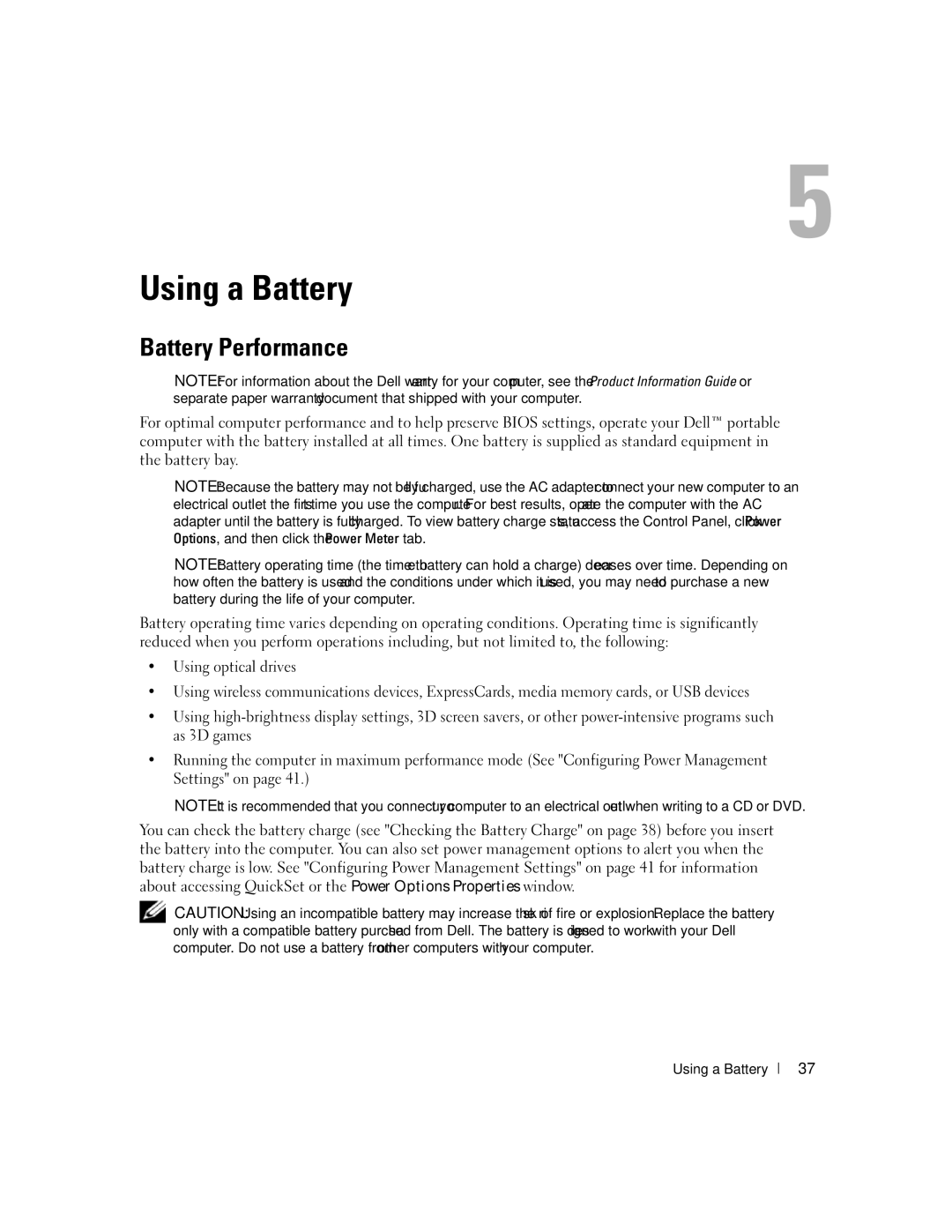 Dell PP19L manual Using a Battery, Battery Performance 