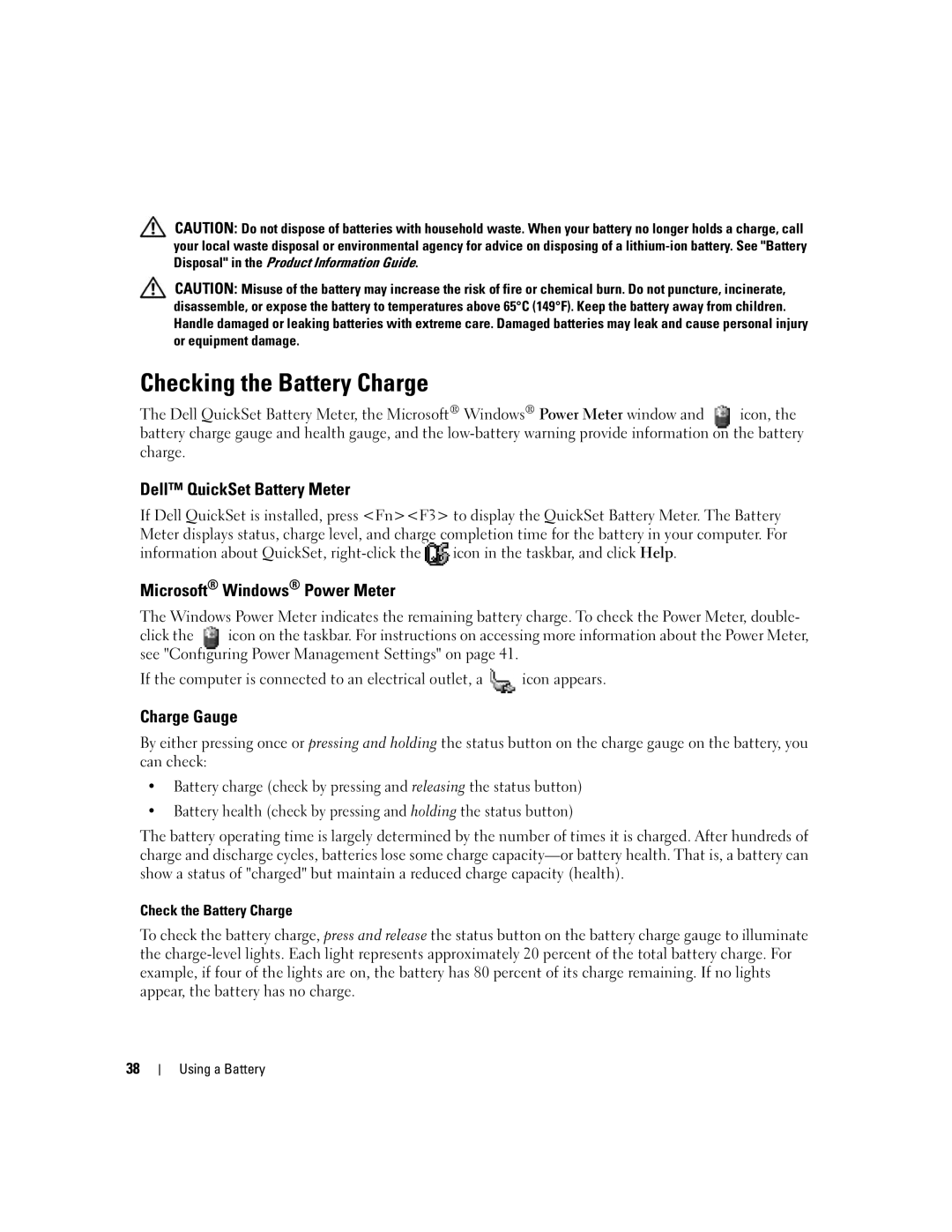 Dell PP19L manual Checking the Battery Charge, Dell QuickSet Battery Meter, Microsoft Windows Power Meter, Charge Gauge 