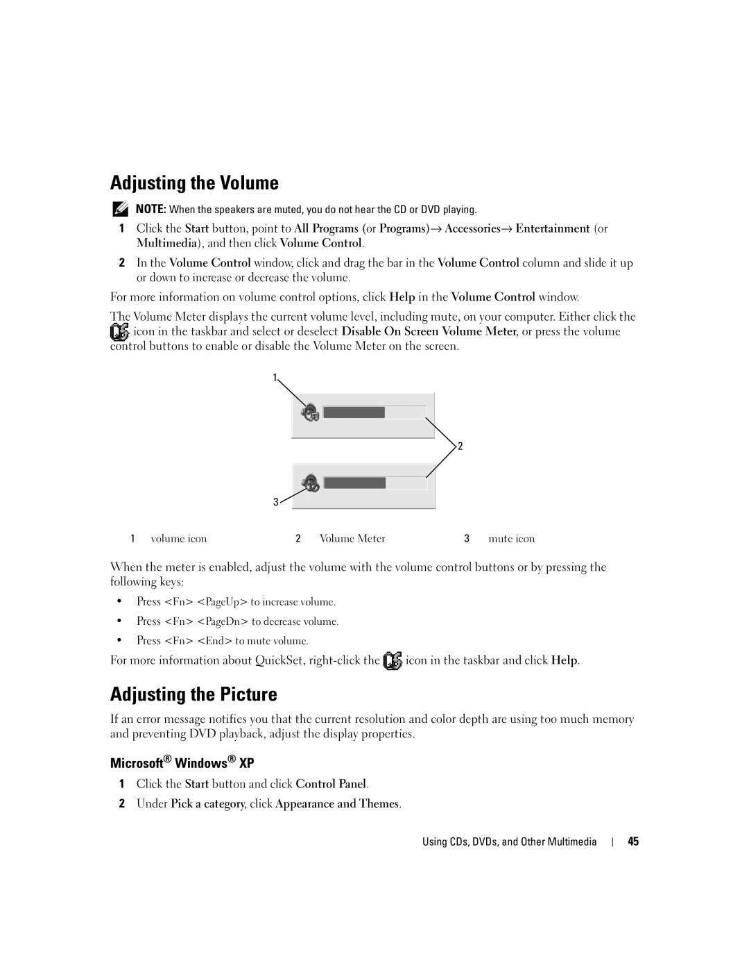 Dell PP19L manual Adjusting the Volume, Adjusting the Picture, Microsoft Windows XP, Volume icon Volume Meter 