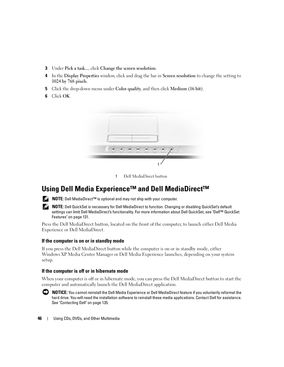 Dell PP19L manual Using Dell Media Experience and Dell MediaDirect, If the computer is on or in standby mode 