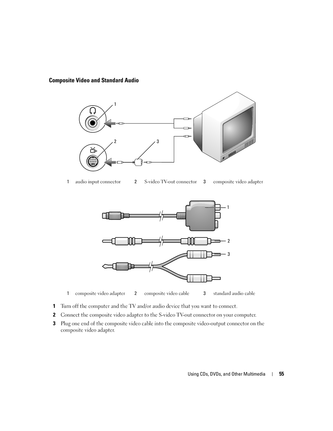 Dell PP19L manual Composite Video and Standard Audio, Audio input connector Video TV-out connector 